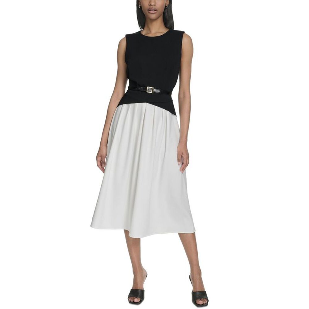 Halston Womens Sleeveless Split-Color Flared Midi Dress 14 Black/Cream NWT $159